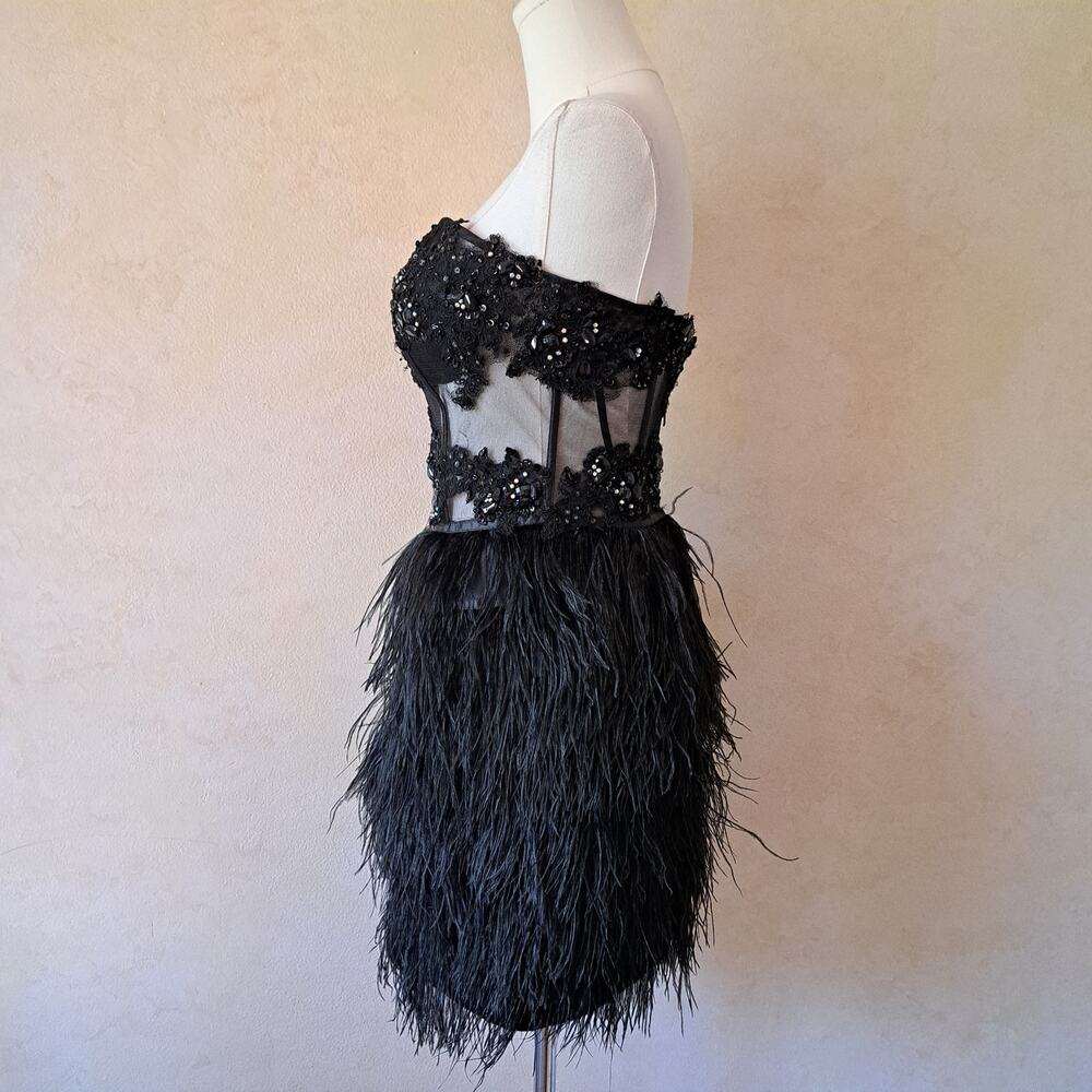 Cinderella Black Feather Corset Mini Dress Strapless Beaded Prom Size 4 Cocktail - Picture 4 of 16